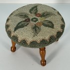 Vtg Round Footstool W Floral Hooked Rug Top Wooden Legs Mcm Beautiful
