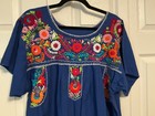 Embroidered Blue Mexican Peasant Dress Womens L xl Oaxaca Floral Midi Huipil