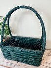 Antique Forest Green Woven Wicker Gathering Square Basket W high Handle 16   