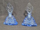 Matching Pair Art Deco 1930s Czech Blue Cut Glass Crystal Perfume Bottle