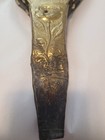 Vintage Brass   Wood   Brown Leather Fireplace Fan Bellow With Ship Scene