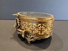 Vtg Ormolu Filigree Ornate Beveled Glass Jewelry Velvet Oval Trinket Box Casket