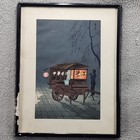 Vintage Japanese Woodblock Print Night Soba Cart Street Scene Framed Showa   