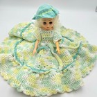 Vintage Hand Crochet 15  Doll Knit Shades Green Dress Hat Underwear Ball Gown