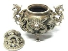 Antique Tibet Silver Nine Dragon Censer Old Stamp Tripod Incense Burner Statue