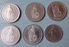 Lot Of 6 Switzerland Helvetia Coins Five 2 Franc   One 1 Franc From 1975 To 1999