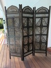 3-panel Folding Carved Wood Floral Asian Freestanding Room Divider Brown black