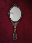 Victorian Art Nueveau Brass Mirror Hand Held Vanity Mirror Vintage Cherub Style