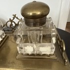 Vintage Brass Inkstand W Cut Cube Glass   Crystal Inkwells