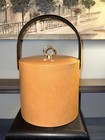 Vtg Brown Faux Leather Ice Bucket   Lid - 8   -faux Leather- Euc