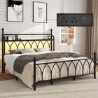 Queen Metal Bed Frame With Charging Station  Headboard Storage Space led Lights 