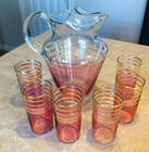 Vtg Mcm Pink   Gold Cocktail Pitcher W 6 Drinking Glasses Barware