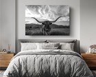 Longhorn Cattle Texas Bw Landscape Canvas D  cor Art Print Room Wall