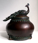 Vintage Dark Brown Round Resin Jewelry Box With Peacock On The Lid  8 75  Height