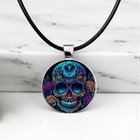 Gothic Skull   Rose Round Glass Pendant Necklace Rope Chain