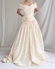 Vintage Ivory Wedding Dress Basque Waist Off Shoulder Gown Jacquard Size 8-10