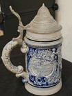 German Cobalt   Gray Salt-glazed Stoneware Beer Stein Hinged Pewter Lid 7 75 