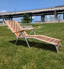 Vintage Telescope Aluminum Webbed Folding Chaise Lounge Chair W wooden Arms