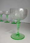 Set Of 4 Tiffin Franciscan Green Stem Dancing Nymph Uranium Cordial Glasses