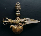 Old Tibetan Bronze 3-head Double Kartika Phurba Tantric Ritual Axe Knife Dagger