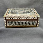Vtg Wooden Inlay Marquetry Hinged Trinket Jewelry Box Abalone Mother Of Pearl