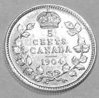 1904 Canada 5 Five Cents Silver  925 Nice Xf