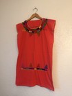 Vintage Mexican Huipil Dress Hand Embroidered Boho Tunic Small Coral Pink Orange