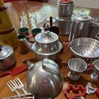 Vintage Tin Toy Kitchen Cookware   Accessories Lot W  Pots  Cups   Canisters
