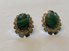 Fancy Old Pawn Signed Navajo Sterling Silver Green Agate Carved Earrings Ls