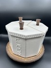 Vtg White Ceramic Canister Set 3 Wood Handles Rare Old Flour Sugar Coffee Read