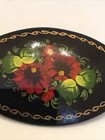 Vintage Russian Wooden Lacquer Hand Painted Black Pin Brooch Artist Signed Oval