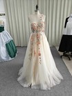 Champagne Wedding Dress Puffy Sleeve Strap Colorful 3d Flower A Line Bridal Gown