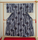 Authentic Japanese Yukata Cotton Kimono Robe Navy Blue Floral Summer Loungewear