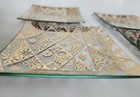Georges Briard Gold Bent Glass Square Dishes Set 4 Geometric Floral Pattern 6 