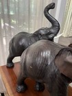 Vtg Large Leather Wrapped Elephants Dark Brown 21    Tall Trunk Up Statue Safari