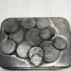 Vintage Square Metal Cookie Tin With Coins On Lid 
