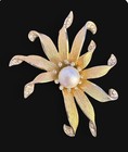 Vintage Bsk Faux Pearl Flower Brooch Gold Brushed Petal Pin Rhinestone Starburst