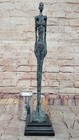 Bronze Standing Tall Nude Girl Stick Figurine Marble Base Sculpture Green Patina