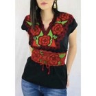 Authentic Mexican Floral Embroidered Black Red Peasant V Neck Blouse Size M New