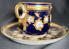 Antique French Cobalt Blue Enamel Gold Mustache Cup And Saucer