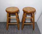 Vintage Pair Of Rustic Country Solid Oak Wood Bar Stools Traditional Colonial