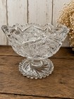 Vintage Buzz Star Pattern Pedestal Compote Bowl Clear Glass L e  Smith  6 5   