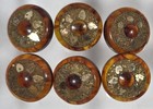  6 vtg Mcm Large Amber Bakelite Gold Tone  Metalic Petals Glitter Design Buttons