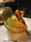 Vintage Indiana Amber To Green Hombre  Glass Turkey On A Nest Candy Dish