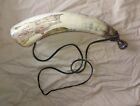 Steer Bull Scrimshaw Blow Horn Folk Art Primitive Eagle Musical Vintage