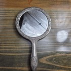 Vintage Silver Plated Round Hand Held Vanity Mirror Floral Pattern