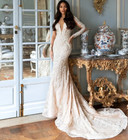 Boho Light Champagne Wedding Dresses Long Sleeves V Neck Sweep Train Bridal Gown