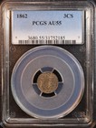 1862 Three Cent Silver Piece - Pcgs Au55  Civil War Era  trime   Choice Original