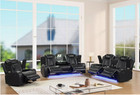 New Led 3pc Sofa 5-recliner Set Bluetooth Speaker Black Leather Gel Living Room