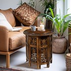  Solid Wood Accent End Table - Hand Carved Vintage Boho 18x18 Antique Brown